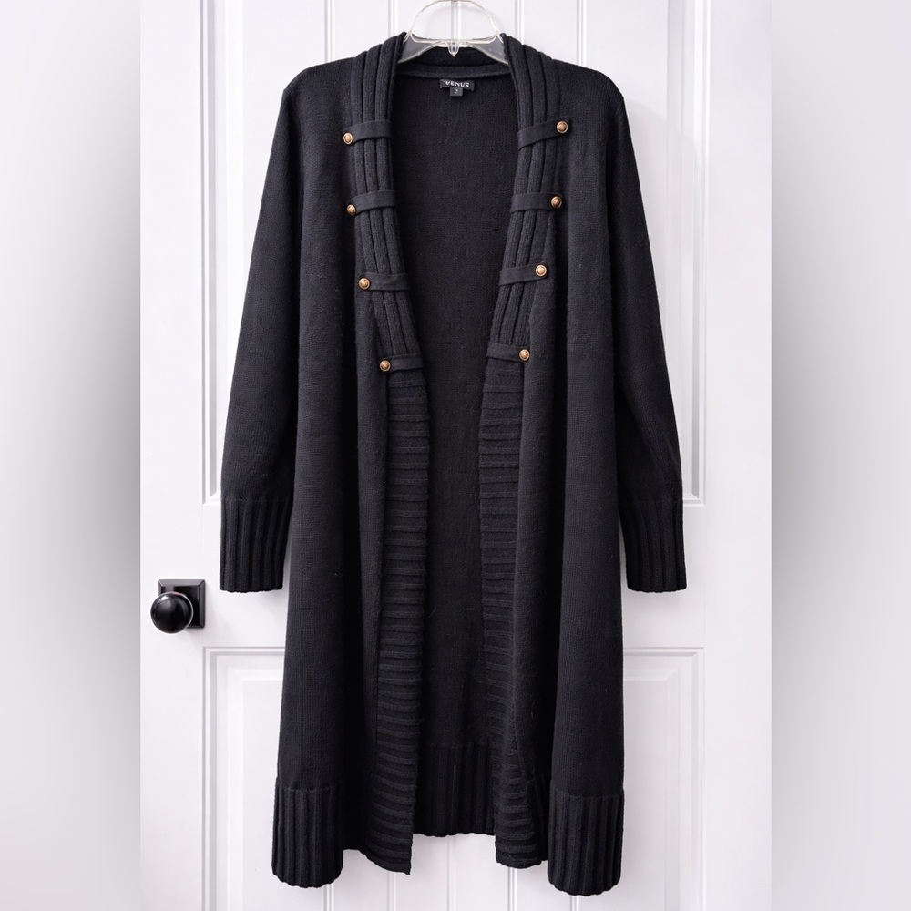 VENUS Black Open-Front Long Cardigan with Gold Button Trim